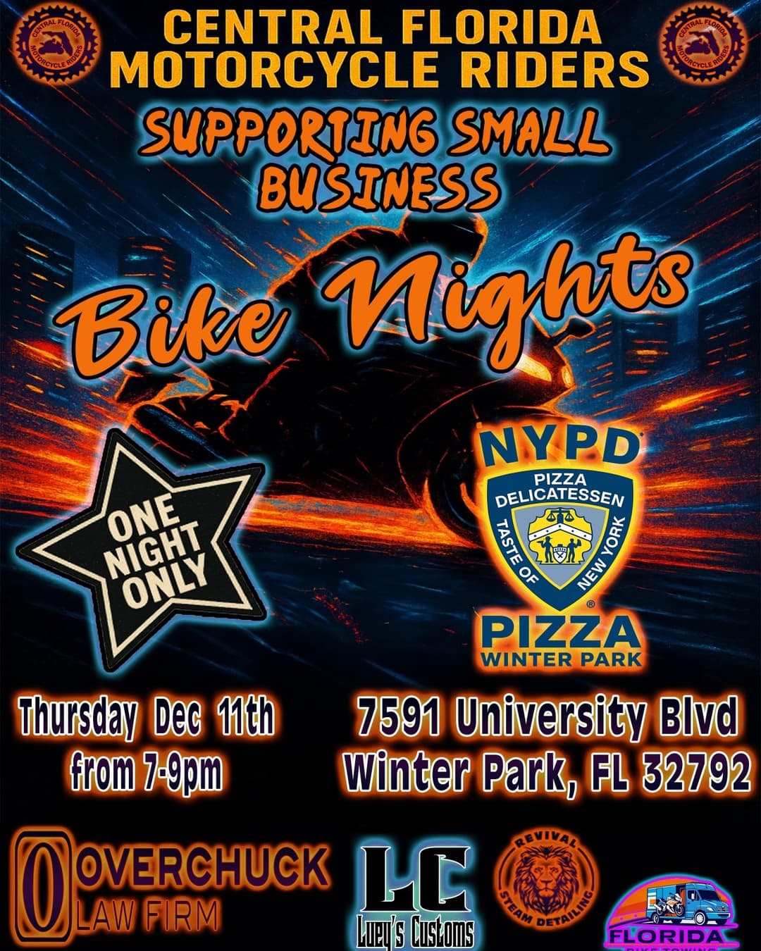 CFMR Bike Night flyer for NYPD Pizza Winter Park