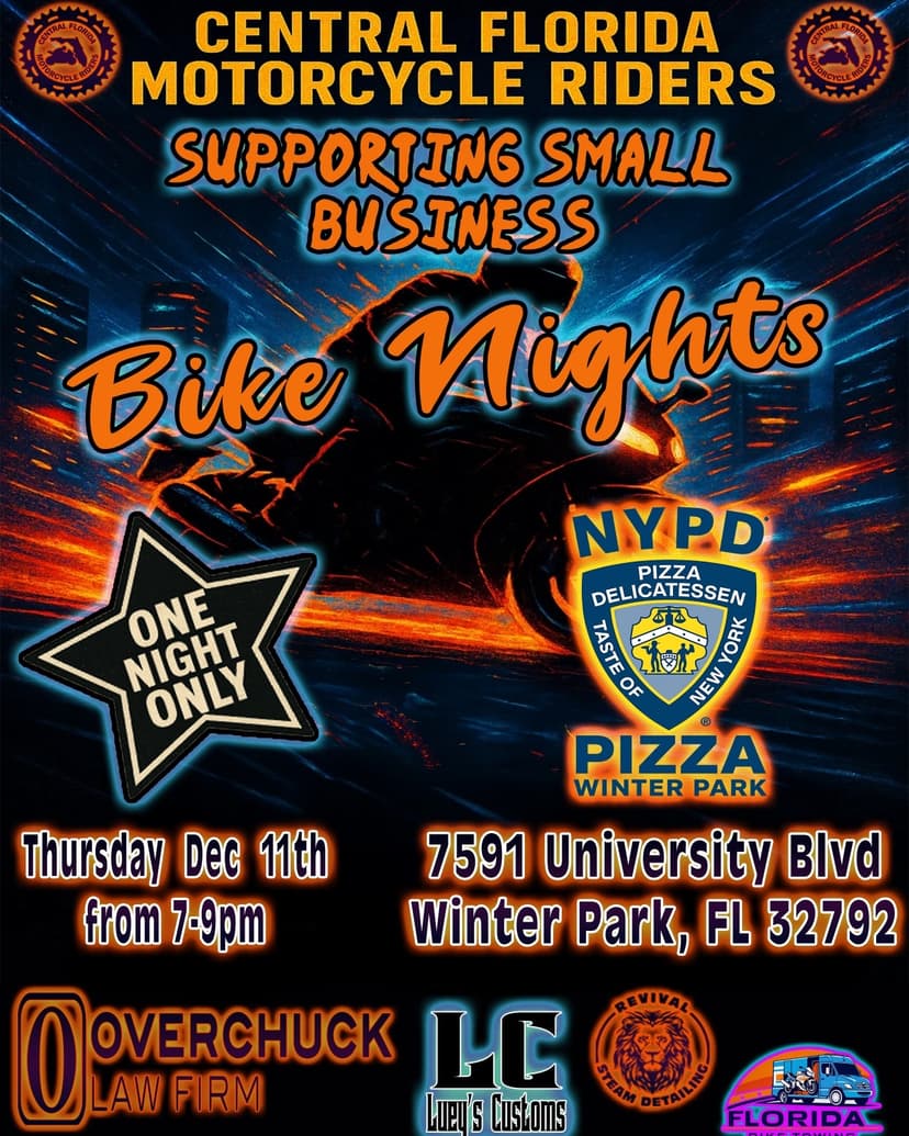 CFMR Bike Night flyer for NYPD Pizza Winter Park